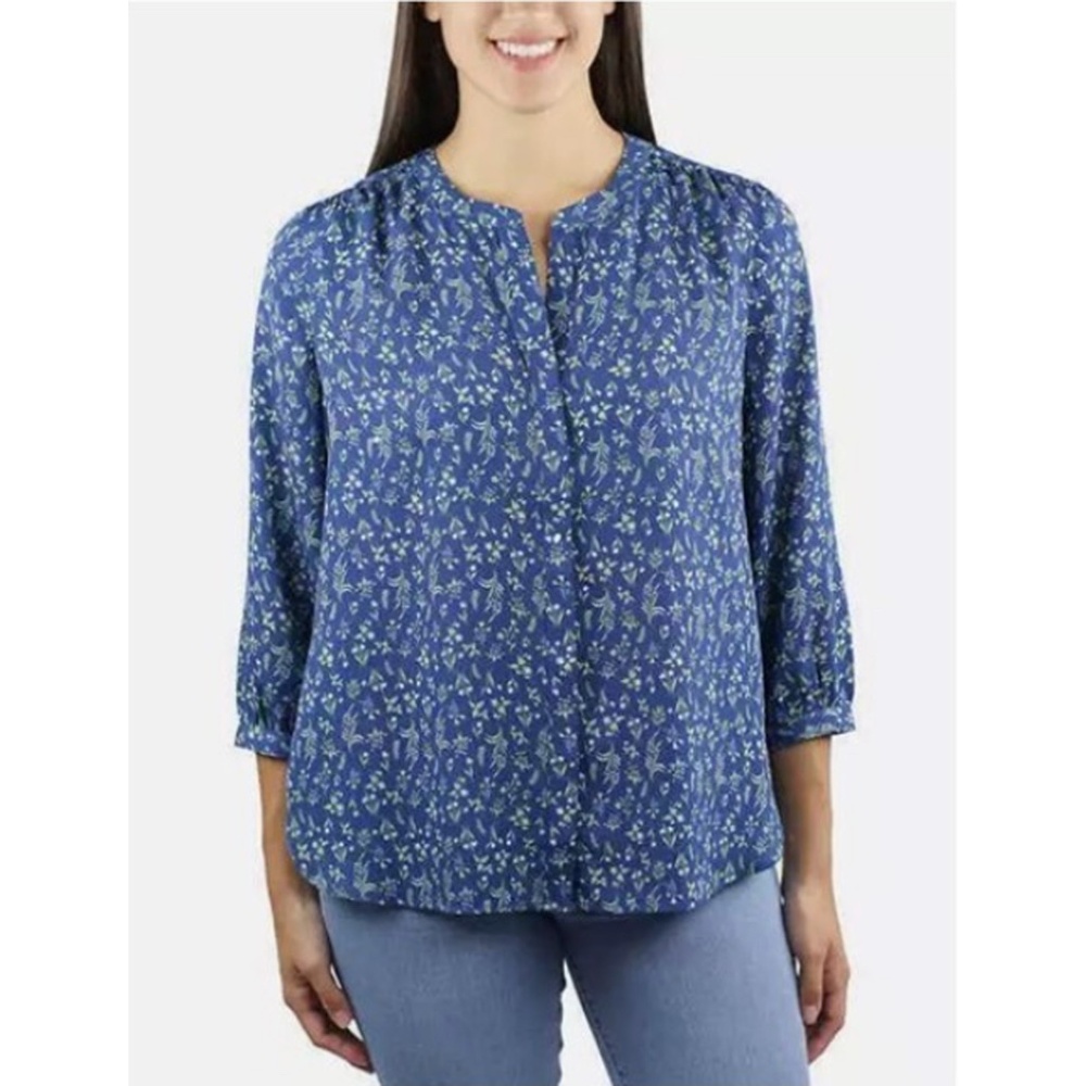 Jachs Girlfriend Blue Floral 3/4 Sleeve Button Down Blouse Top Medium